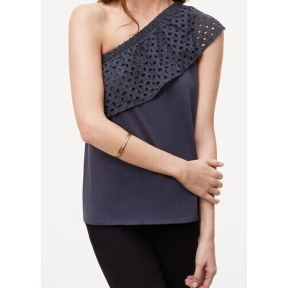 LOFT Cotton Eyelet One Shoulder Top Grey LARGE Ann Taylor